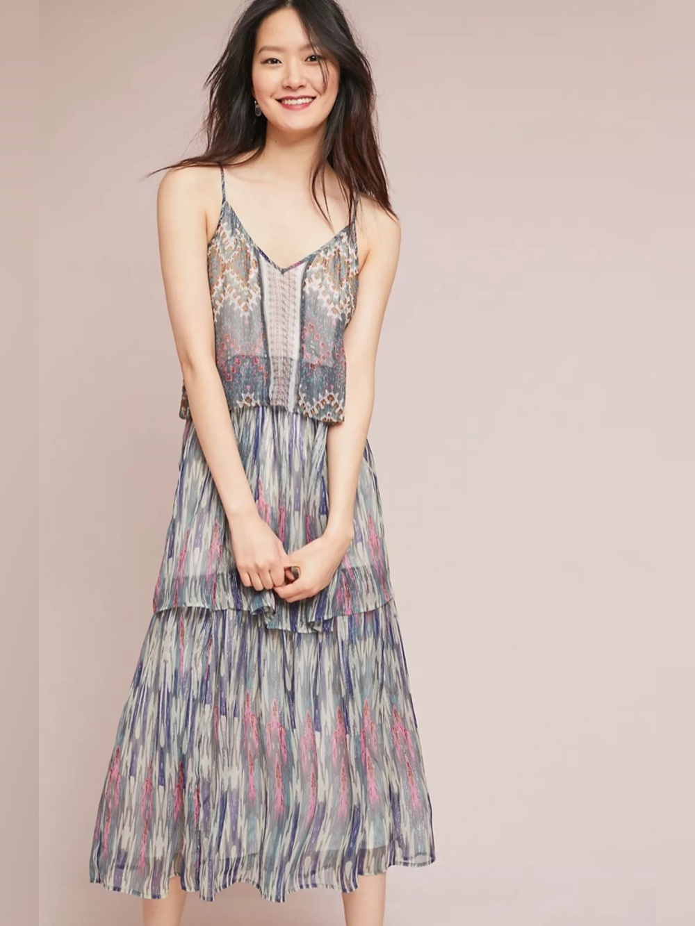 Anthropologie Meadow Rue Tiered Maxi Dress Boho Floral Metallic Thread Small